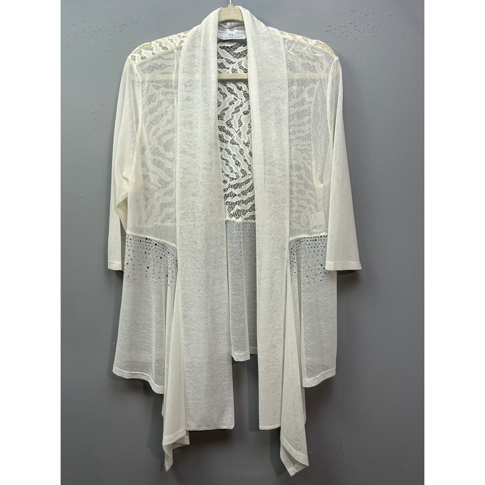 Beta's Choice Cardigan Women Large‎ White Lace Back Rhinestone Draped Open Front